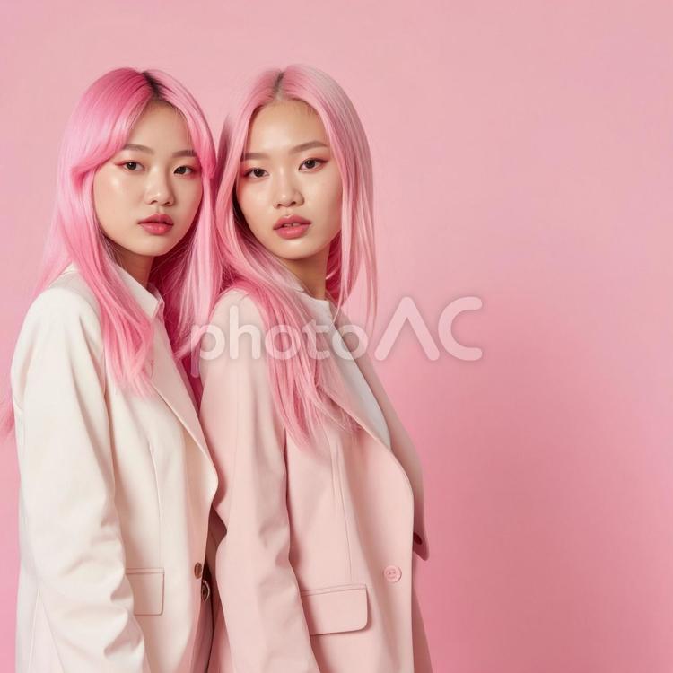 ピンクの髪の女性二人が並んで立っている ピンク,女性,二人の写真素材