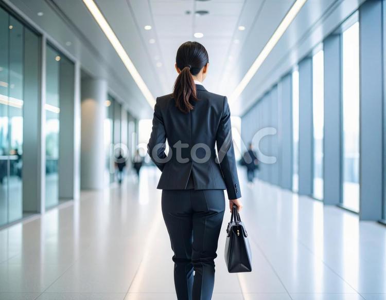 明るいオフィスを歩く女性の後ろ姿② 人物,女性,olの写真素材