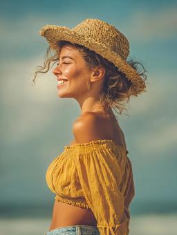 オフショルダーと麦わら帽子のスタイルの写真