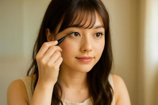 アイラインを引く女性 アイラインを引く女性の写真