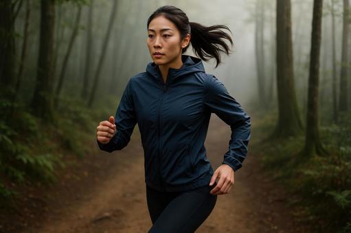 タイツとウィンドブレーカーの女性ランナー タイツとウィンドブレーカーの女性ランナーの写真