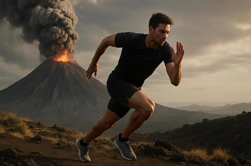 噴火火山から逃げる人物の写真