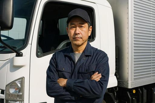 トラックドライバーの仕事姿の日本人男性 トラックドライバーの仕事姿の日本人男性の写真
