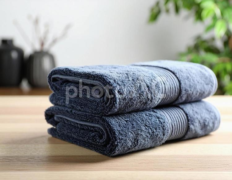 高級感ある黒タオルとウッドテーブル 黒タオル,タオル,ロールタオルの写真素材