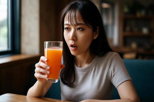 オレンジジュースを持つ女性の写真