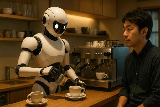 カフェで働くバリスタロボット カフェで働くバリスタロボットの写真
