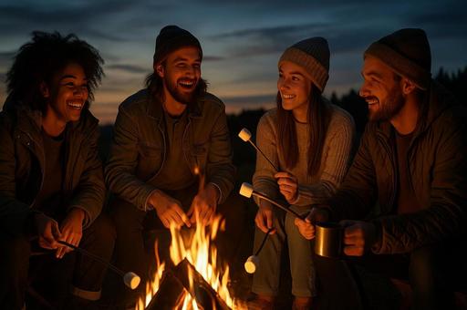 焚き火と笑顔のキャンプ仲間の写真
