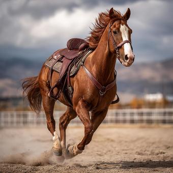 砂煙を巻き上げ力強く疾走する栗毛の競走馬 砂煙を巻き上げ力強く疾走する栗毛の競走馬の写真