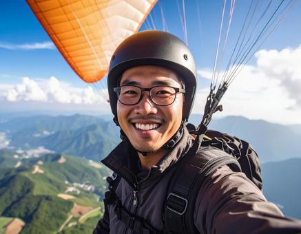 パラグライダーで飛び立つ彼の写真