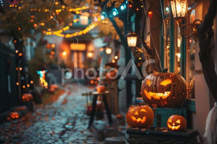 ハロウィンの夜の街並み ハロウィン,街並み,ジャックオーランタンの写真素材