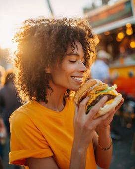 町中でハンバーガーを食べる女性 町中でハンバーガーを食べる女性の写真