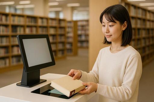 図書館で本を自動貸出 図書館で本を自動貸出の写真
