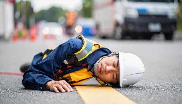 暑さでダウンし、路上に倒れる作業員 暑さでダウンし、路上に倒れる作業員の写真