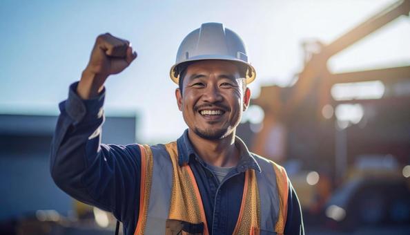 建設現場でガッツポーズする建設作業員 建設現場でガッツポーズする建設作業員の写真