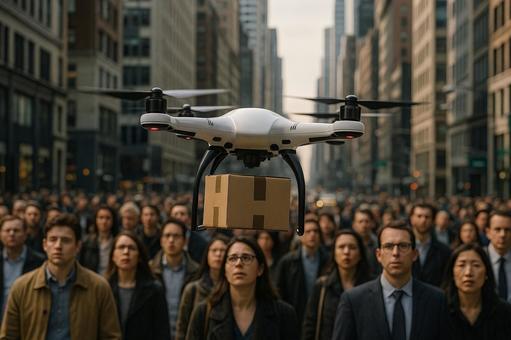 都市上空を飛ぶ配送ドローンの写真