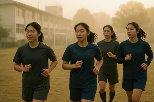 朝のグラウンドで走る女子選手 朝のグラウンドで走る女子選手の写真