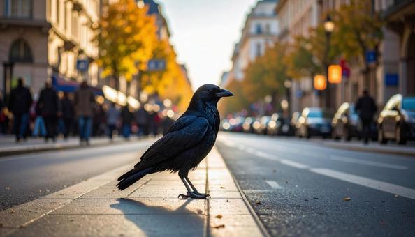 都会の道路のカラス 都会の道路のカラスの写真
