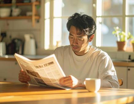 Man reading a newspaper in the morning light, news, japanese men, morning, JPG