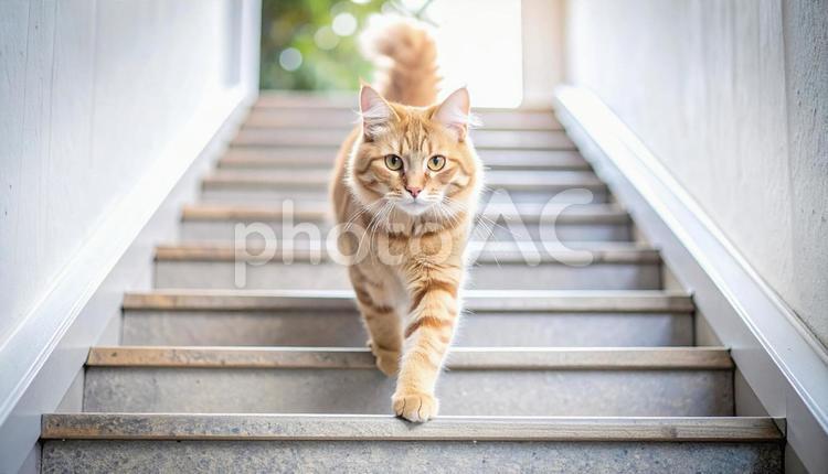 階段を下りる猫 猫,トラ猫,目の写真素材