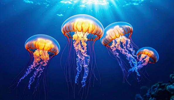 青い海を漂う幻想的なクラゲ 青い海を漂う幻想的なクラゲの写真