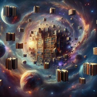 A world of books floating in the galaxy, space, this, library, JPG