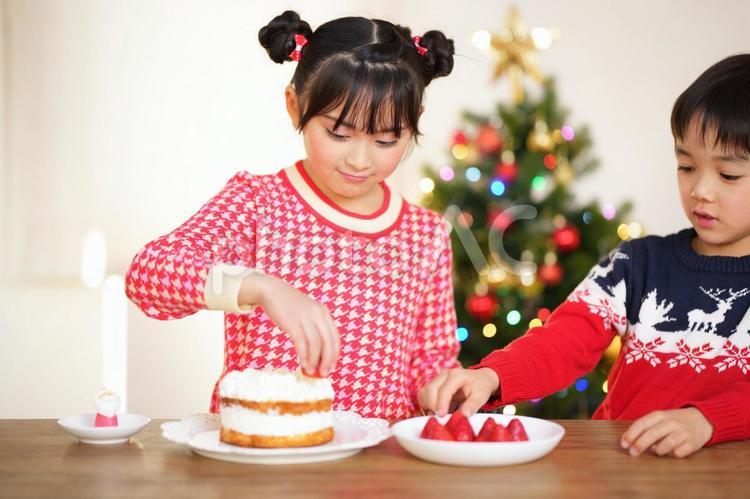 イチゴでデコレーションしている子供たち 男女,クリスマス,ケーキの写真素材