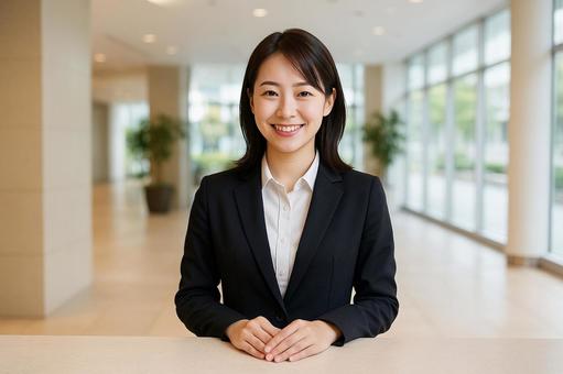 受付カウンターで笑顔の女性 受付カウンターで笑顔の女性の写真
