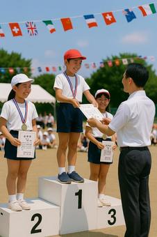 小学校の運動会の表彰式で校長が賞状を渡すの写真