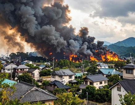火災が起こった住宅街 火災が起こった住宅街の写真