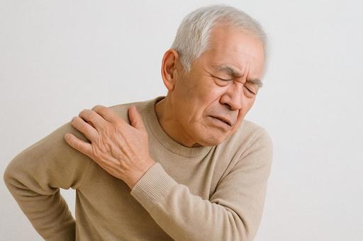 肩の痛みに苦しむ中年男性 肩の痛みに苦しむ中年男性の写真