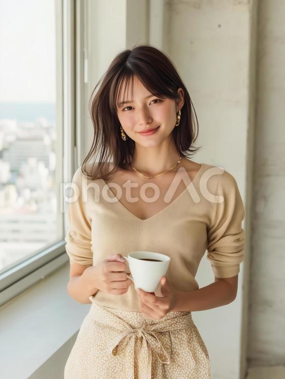 モーニングコーヒーを楽しむ女性 コーヒー,朝,モーニングの写真素材