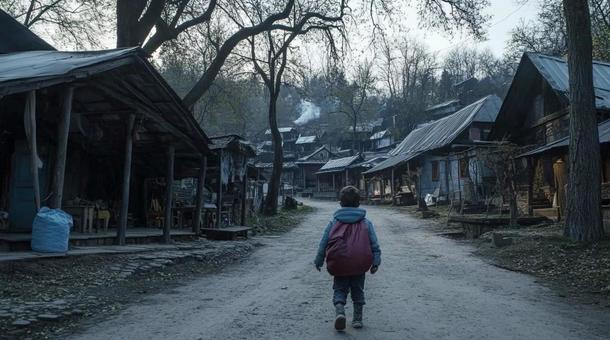 村を歩く子ども 村を歩く子どもの写真