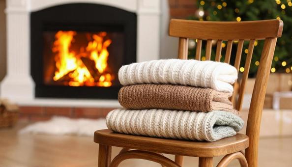 ニットマフラー・ブランケット・暖炉の部屋の写真