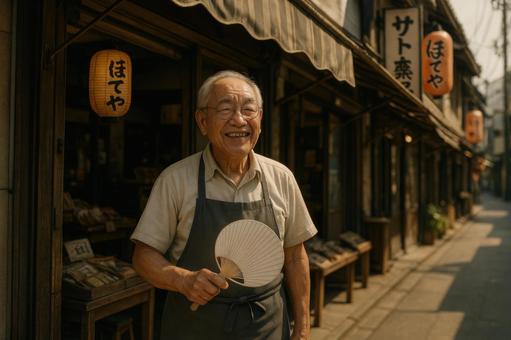 うちわで扇ぐ商店街の風景 うちわで扇ぐ商店街の風景の写真