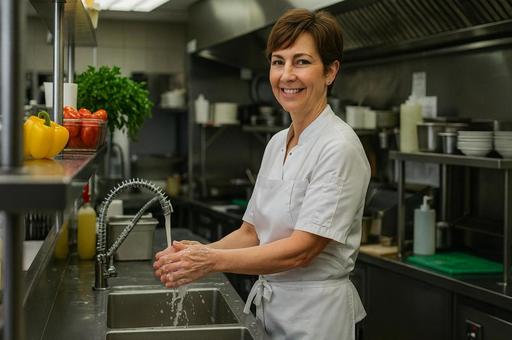厨房で手洗いをする女性料理人 厨房で手洗いをする女性料理人の写真
