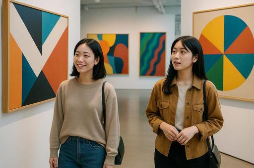 現代アートのギャラリーに訪れた女性2人組 現代アートのギャラリーに訪れた女性2人組の写真