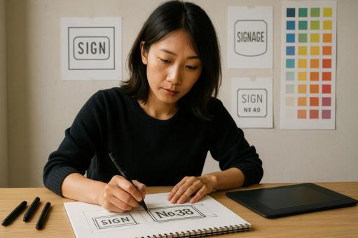 看板デザインを描く女性の写真