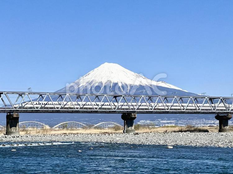 富士川から見る新幹線と富士山 富士山,新幹線,富士川の写真素材