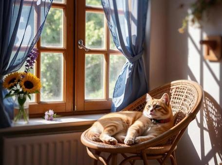 窓際の籐の椅子でくつろぐ猫 窓際の籐の椅子でくつろぐ猫の写真