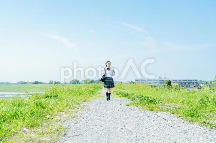 青空の下を歩く女子高校生 スマホ,高校生,笑顔の写真素材