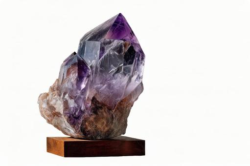 木製の台座に立つ大きなアメジストの結晶 木製の台座に立つ大きなアメジストの結晶の写真