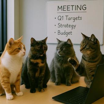 ミーティングをする猫たち ミーティングをする猫たちの写真