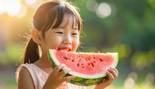 スイカを手に持つ子ども スイカを手に持つ子どもの写真