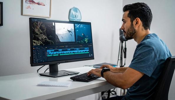 動画編集する男性 動画編集する男性の写真