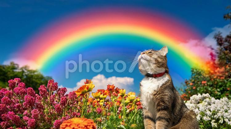 虹を見上げる猫 猫,虹,空の写真素材
