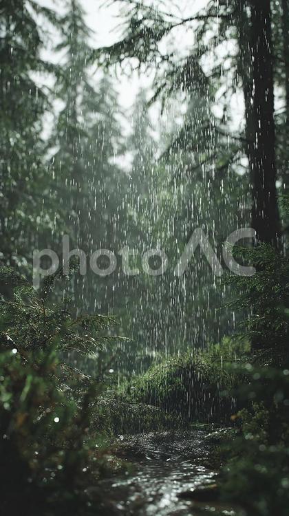 しとしと降る雨と緑の森 雨,雨粒,森の写真素材