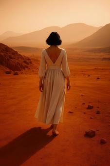 赤い荒野を歩く女性の写真