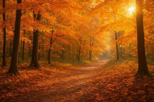 秋の紅葉と森の小道・落ち葉・紅葉狩り 秋の紅葉と森の小道・落ち葉・紅葉狩りの写真