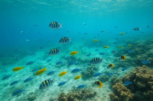 南国リゾートで海を泳ぐたくさんの魚たち 南国リゾートで海を泳ぐたくさんの魚たちの写真