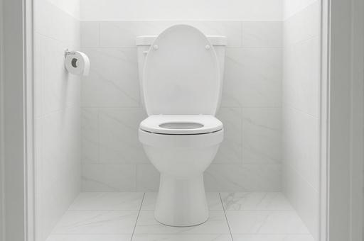正面から見た清潔な白いトイレ 正面から見た清潔な白いトイレの写真